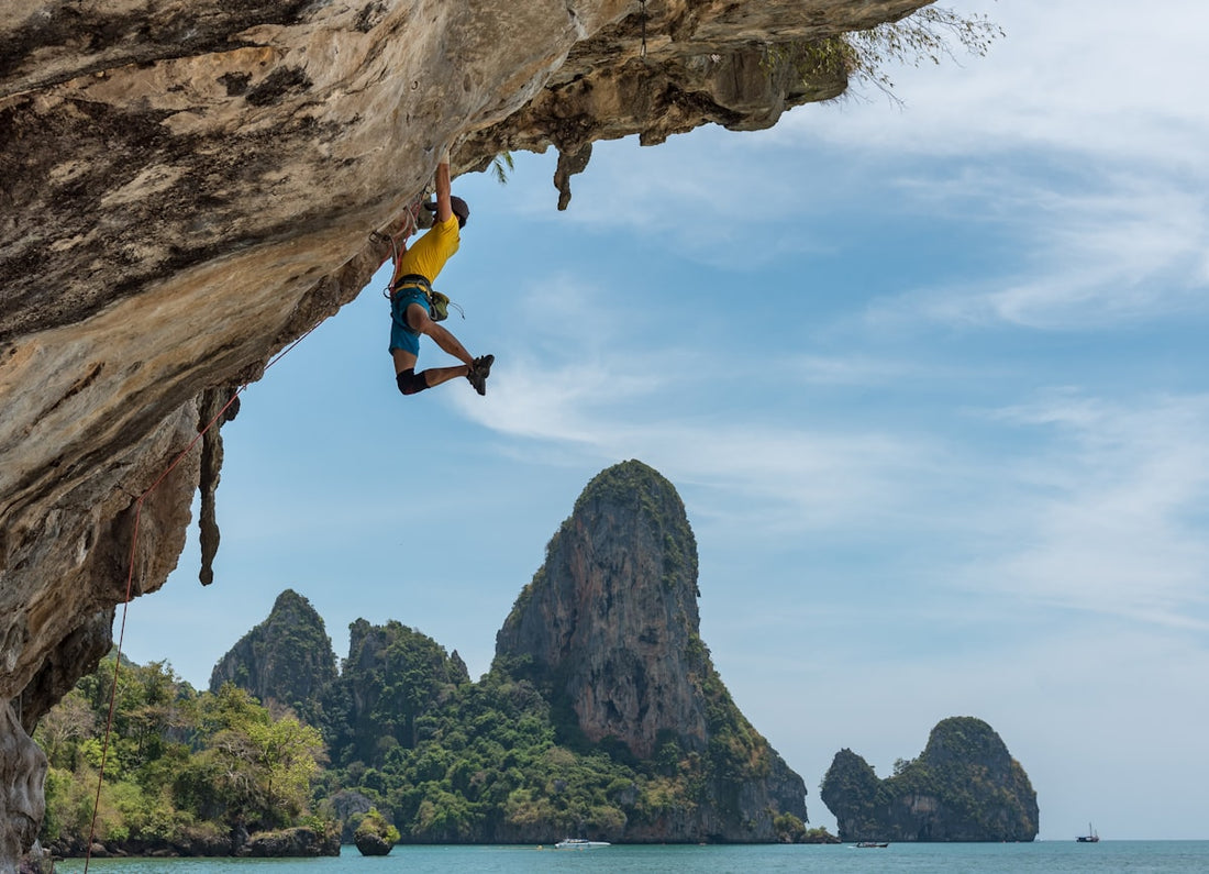 Indoor climbing gym with colorful routes