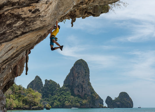 Indoor climbing gym with colorful routes